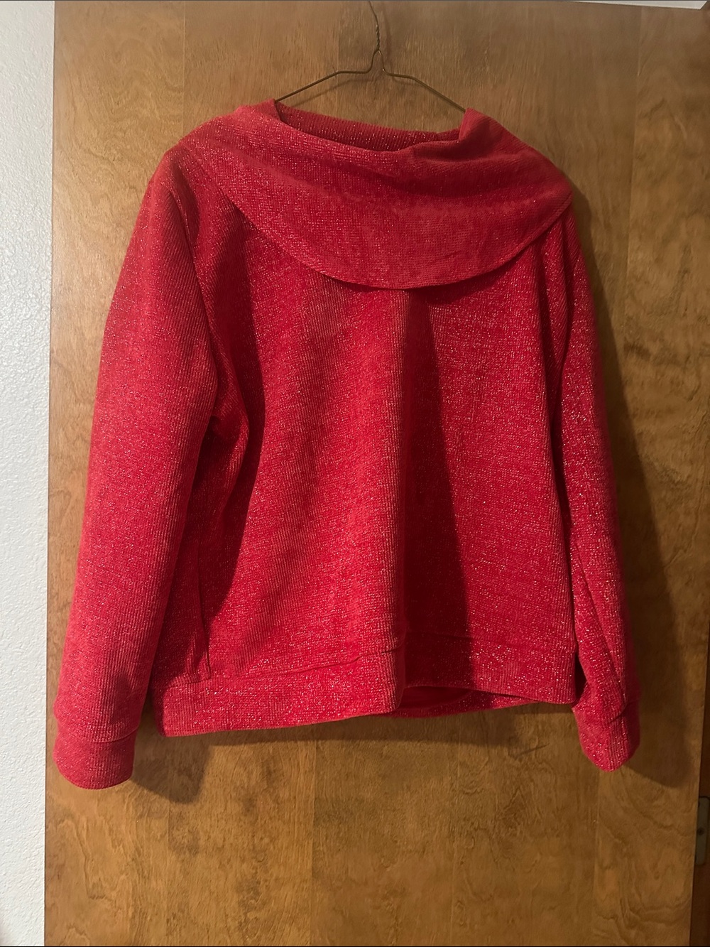 Women’s Red Sparkle Sweater with Draped Collar ****note the color is red